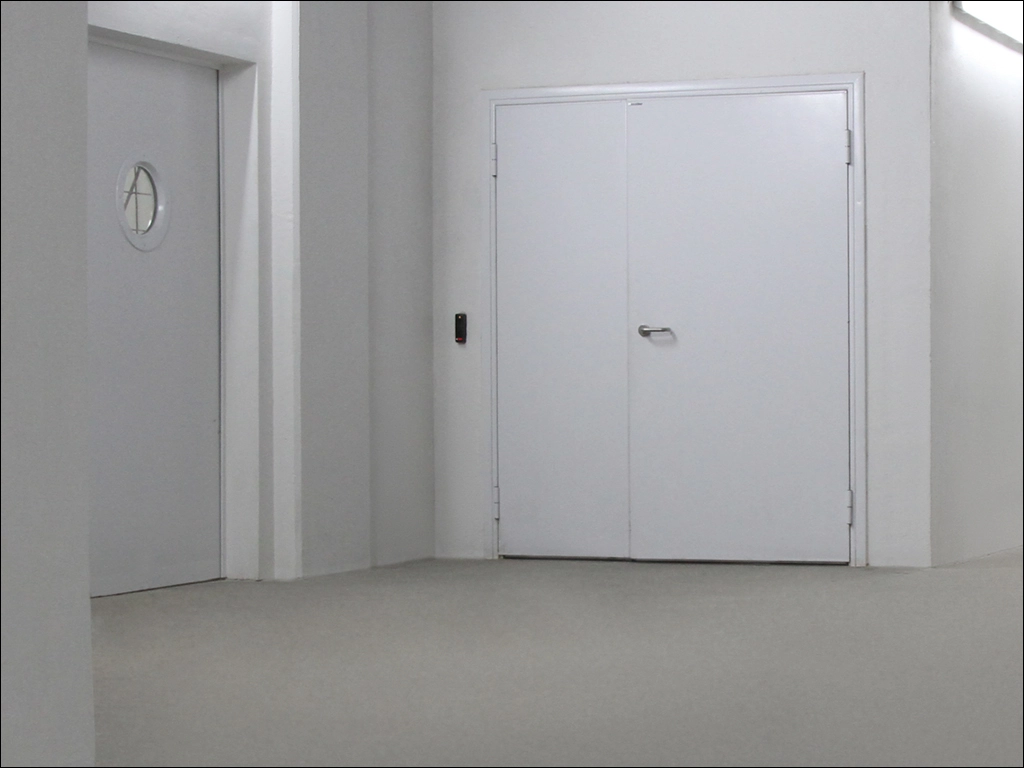 Дверь DoorHan/1350/2050/Техническая/двухств./глухая/глад./глад./RAL7035/лев./угл. рама